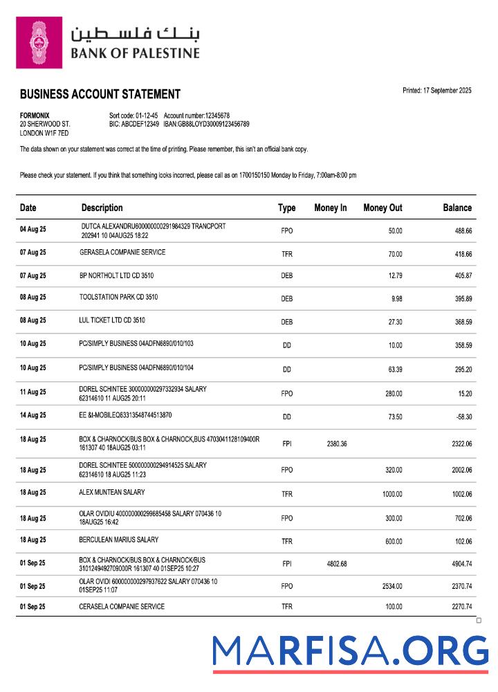 Realistic Palestinian Bank of Palestinian company checking account statement Word and PDF template